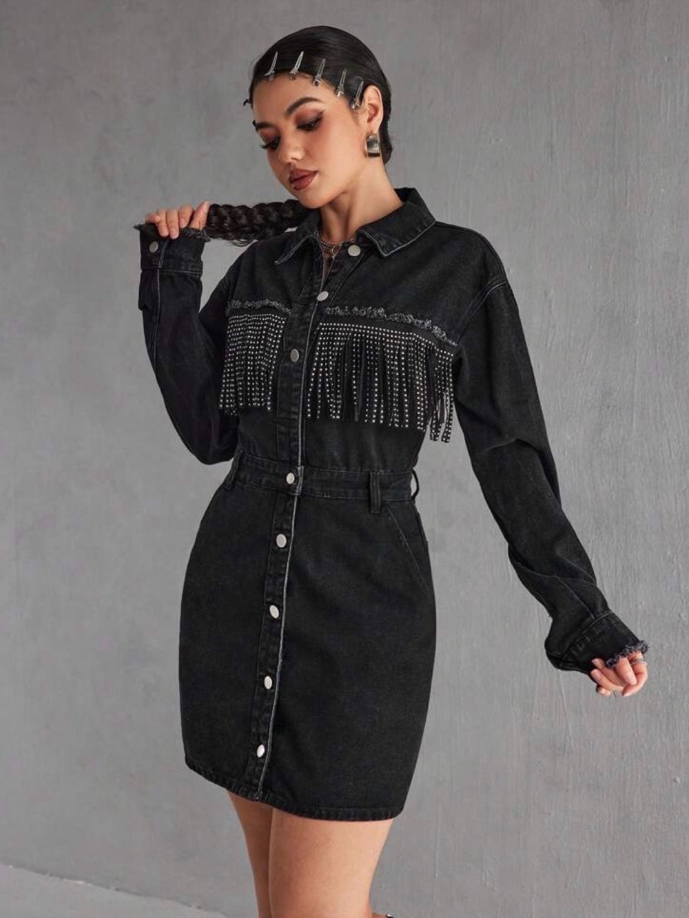 Black Denim Button-Front Fringe Mini Dress